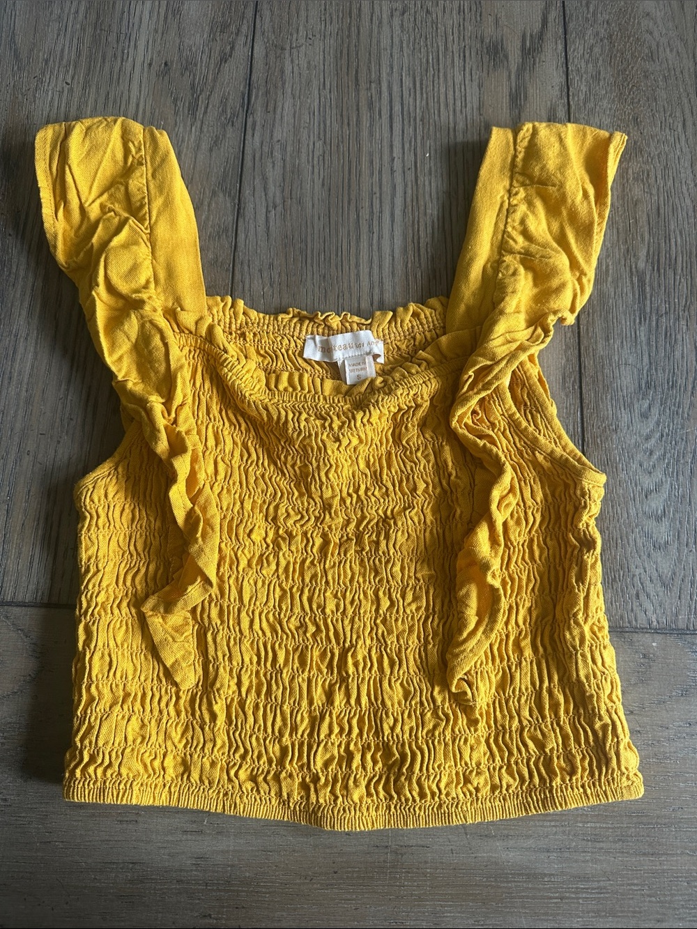 Monteau Los Angeles Mustard Yellow Smocked Ruffle Linen-Blend Crop Top - Size S